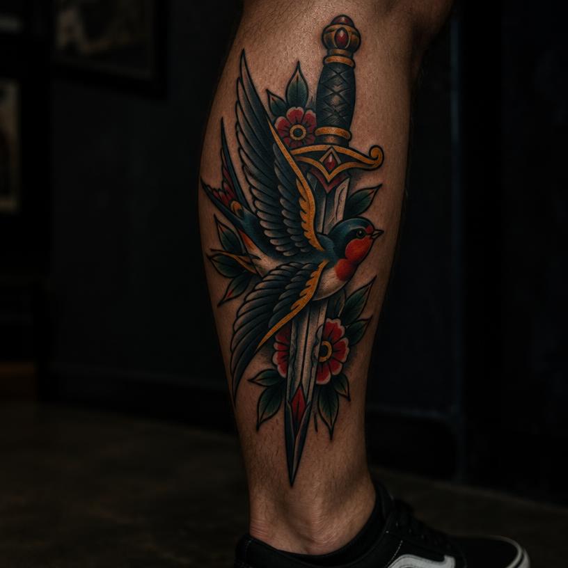 Swallow & dagger — Colour tattoo
